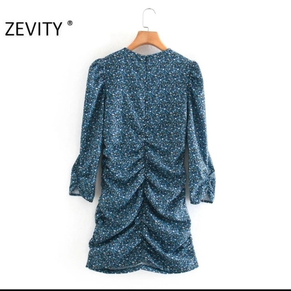 Blue Ditsy Floral Mini Ruched Dress - Picture 3 of 9